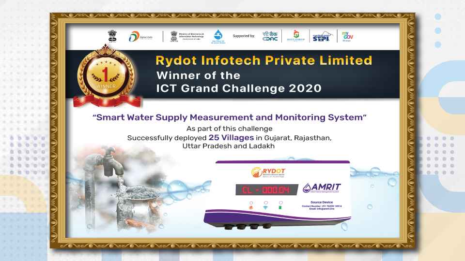Rydot Infotech has been announced a winner at ICT Grand Challenge by the Ministry of Electronics and Information Technology (MeitY) in partnership with the National Jal Jeevan Mission, Government of India.